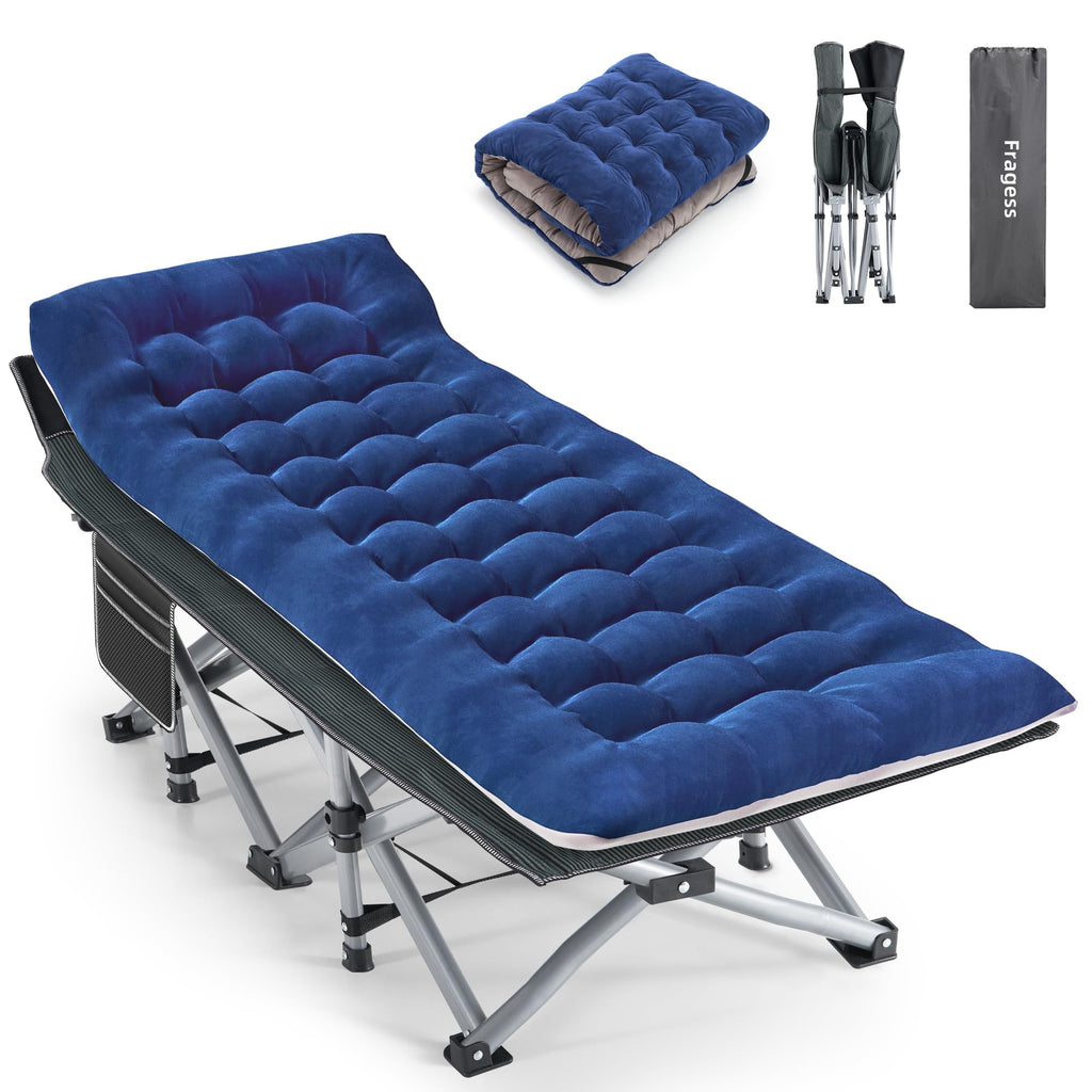 Blue Camping Cot with Cushion, Pillow and Carry Bag Q521