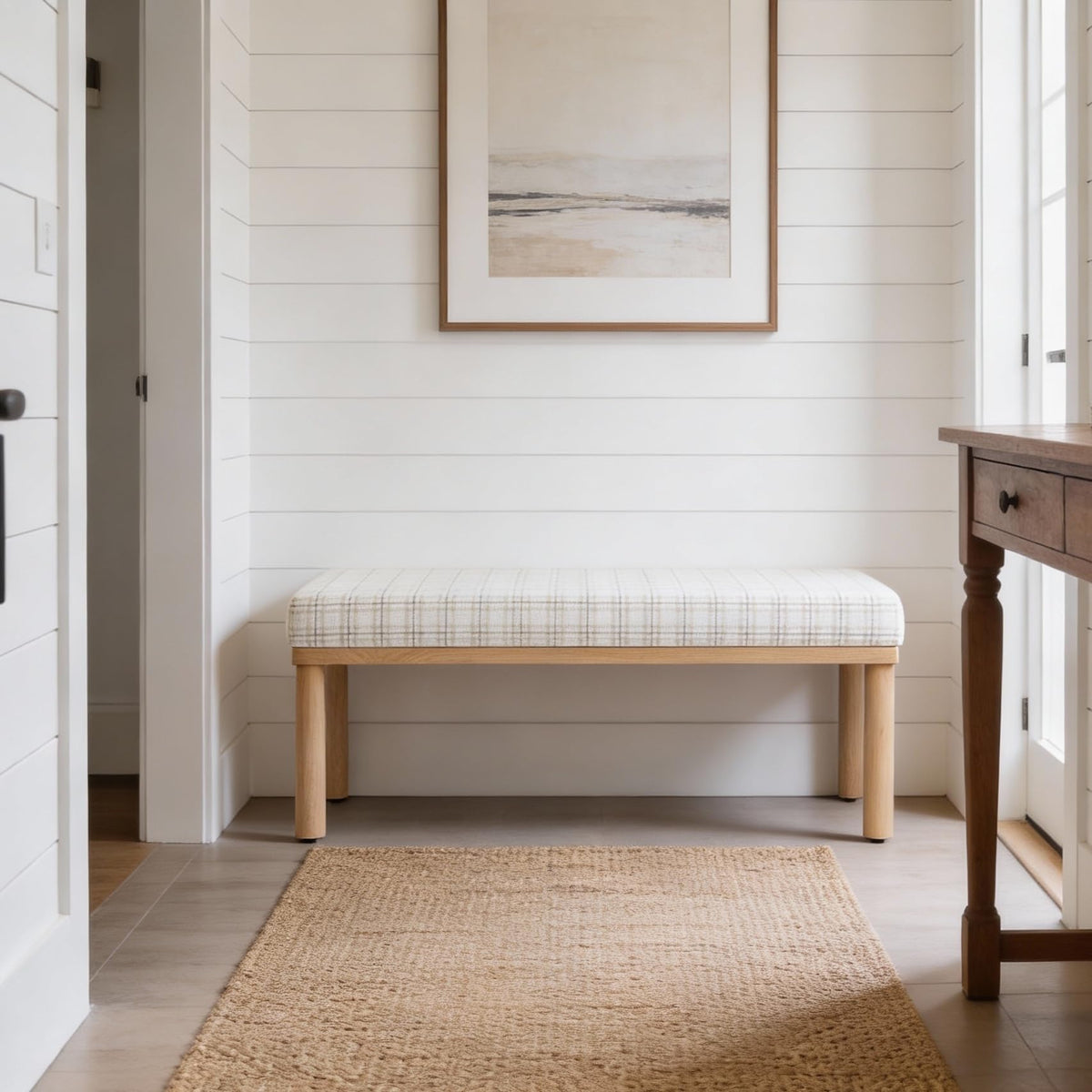 Natural Plaid Woven Fabric Bench M6878