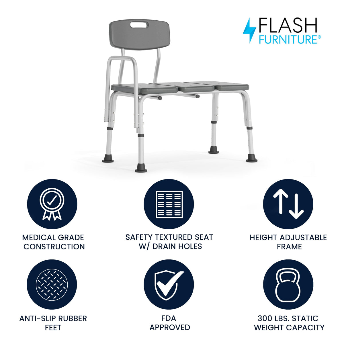 Adjustable Gray Bath & Shower Transfer Bench with Back and Side Arm Q303959