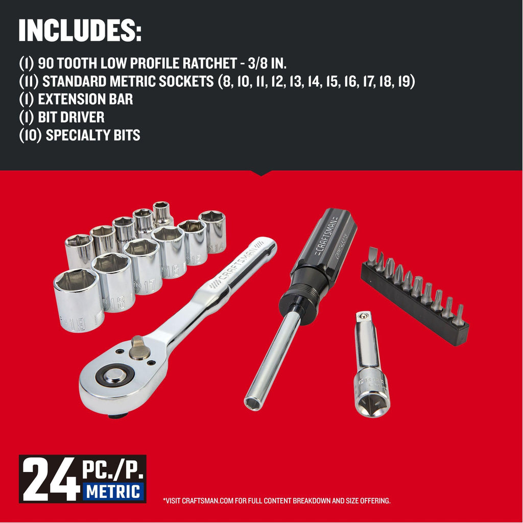 24 Piece 3/8 Inch Drive Metric Mechanics Tool Set Q929