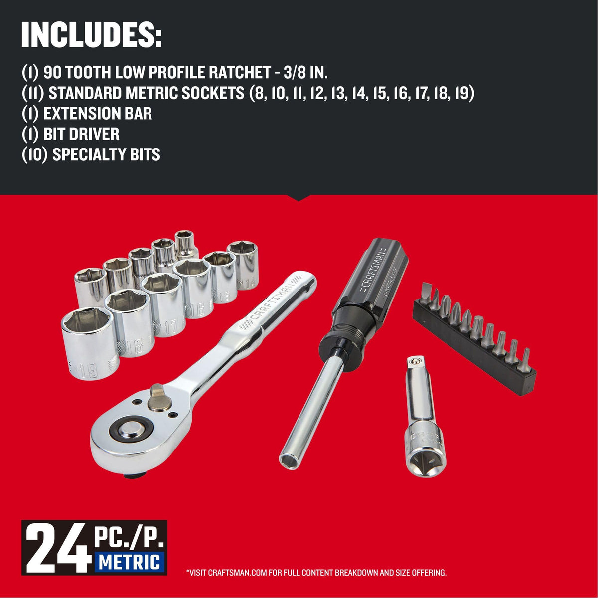24 Piece 3/8 Inch Drive Metric Mechanics Tool Set Q929