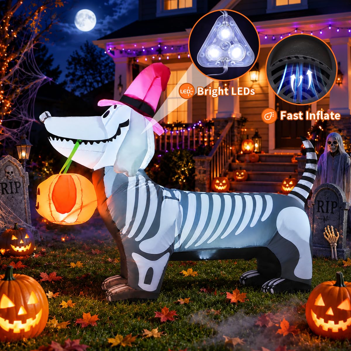 5.5 FT Halloween Inflatable Skeleton Puppy with Build-in LEDs W84463