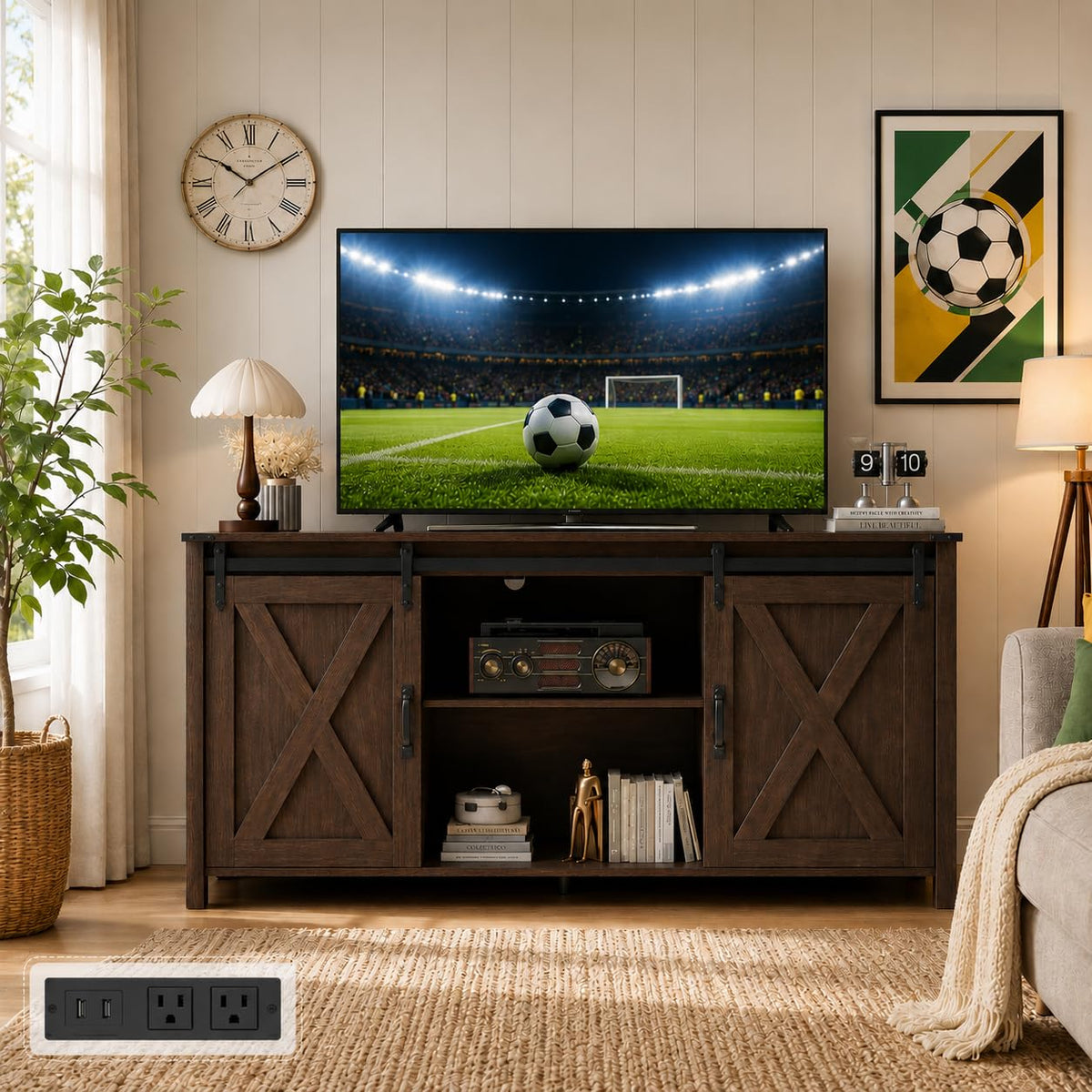 Farmhouse TV Stand 57 Inch Walnut F386576