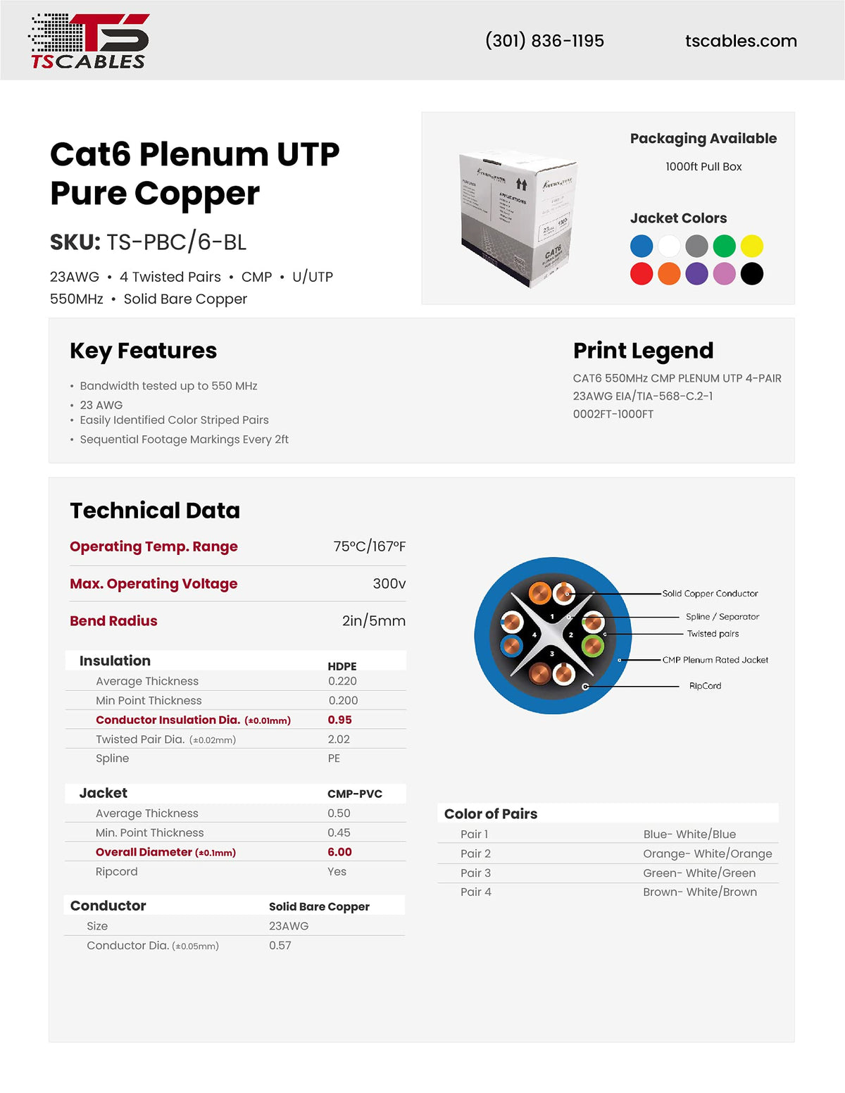 Cat6 Plenum 1000ft 23AWG Solid Bare Copper UTP Bulk Ethernet Cable L865300