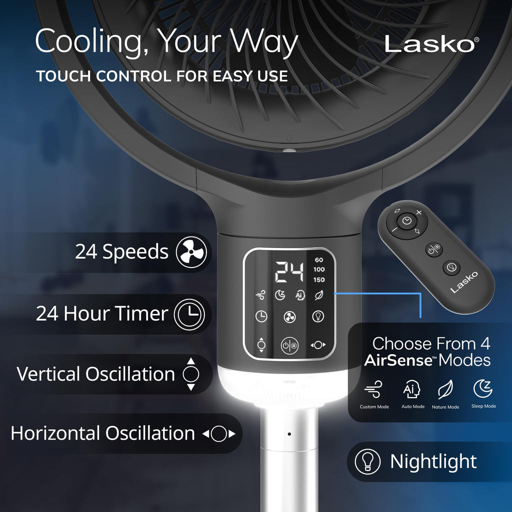 Pedestal Fan with Remote Control, Adjustable Height, Night Light, Gray C220281
