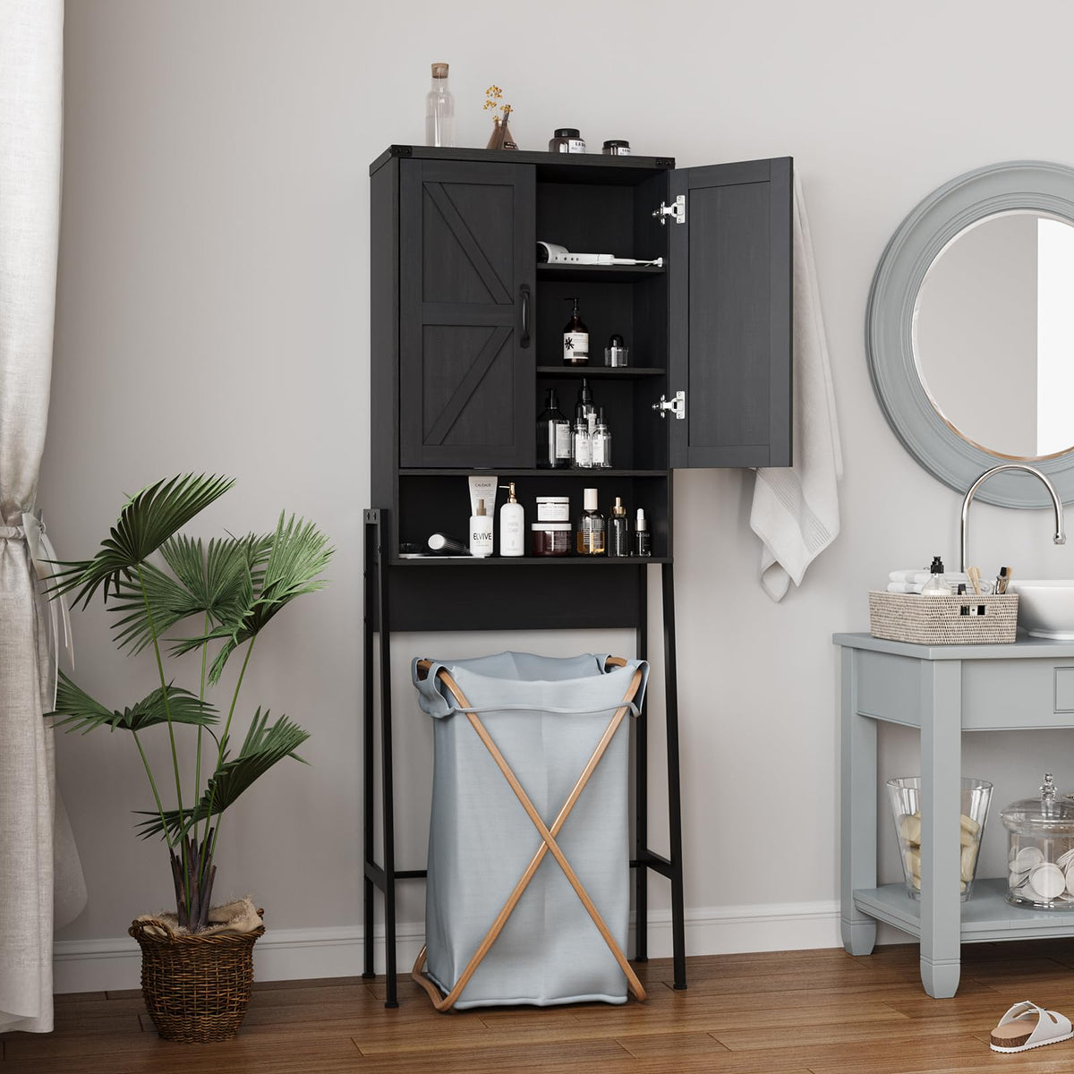 Over The Toilet Storage Cabinet with 2-Door Design Black Y2571