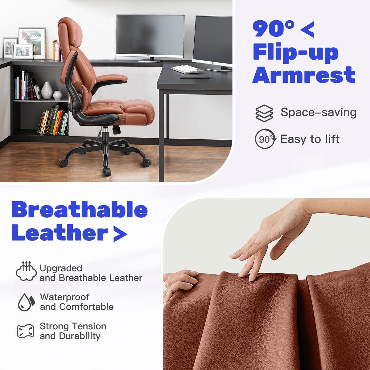 High Back Ergonomic Leather Office Chair with Flip-Up Armrests C54320