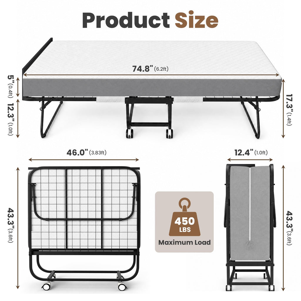 Folding Bed with Mattress Extra Wide Guest Bed P5154