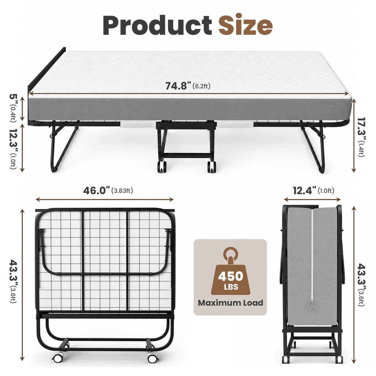 Folding Bed with Mattress Extra Wide Guest Bed P5154