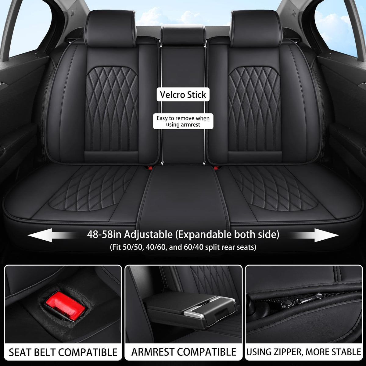 Black Faux Leather Car Seat Cover Full Set X7460