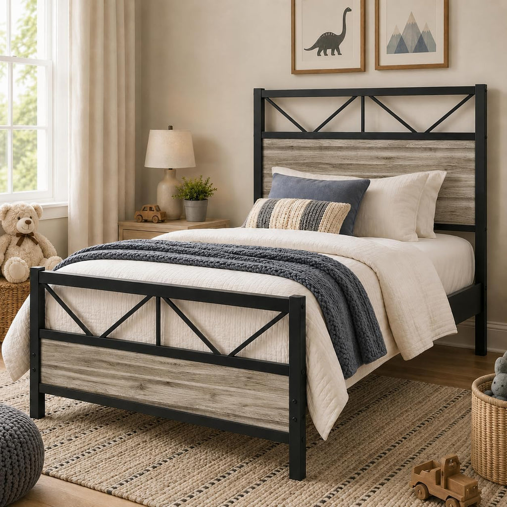 Wash Grey Twin Size Bed Frame with Tall Headboard X518