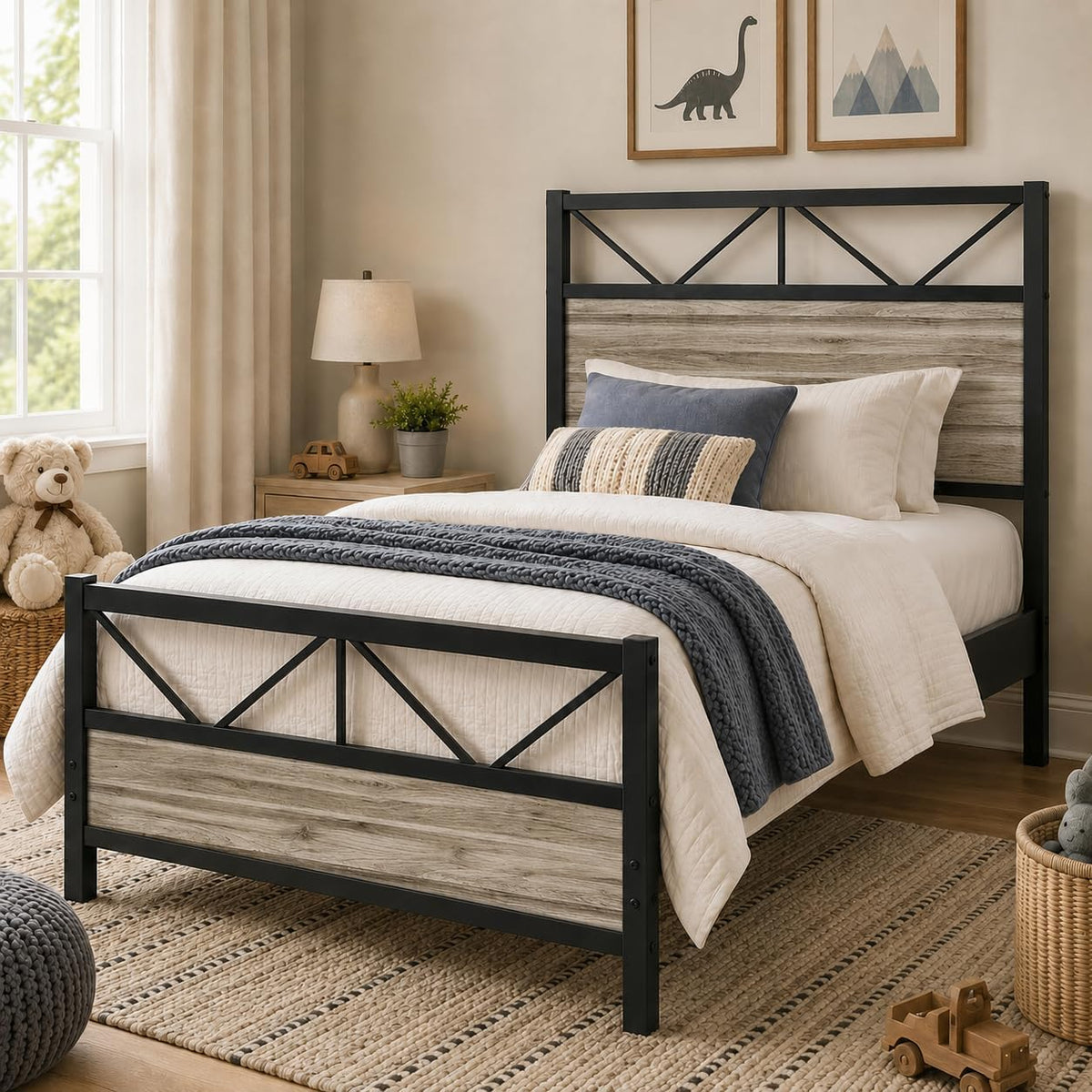 Wash Grey Twin Size Bed Frame with Tall Headboard X518