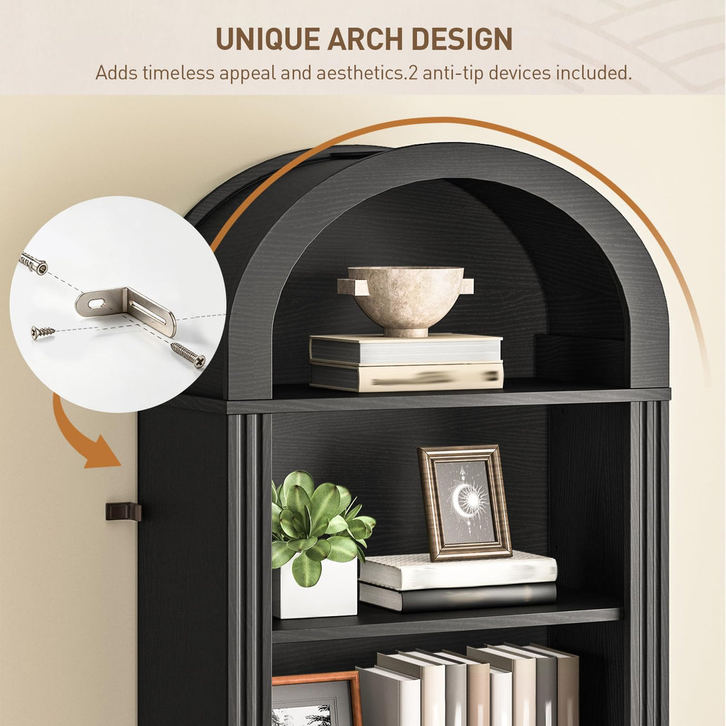 75.8" Tall Narrow 6-Tier Arched Wooden Bookshelf, Black Z426314