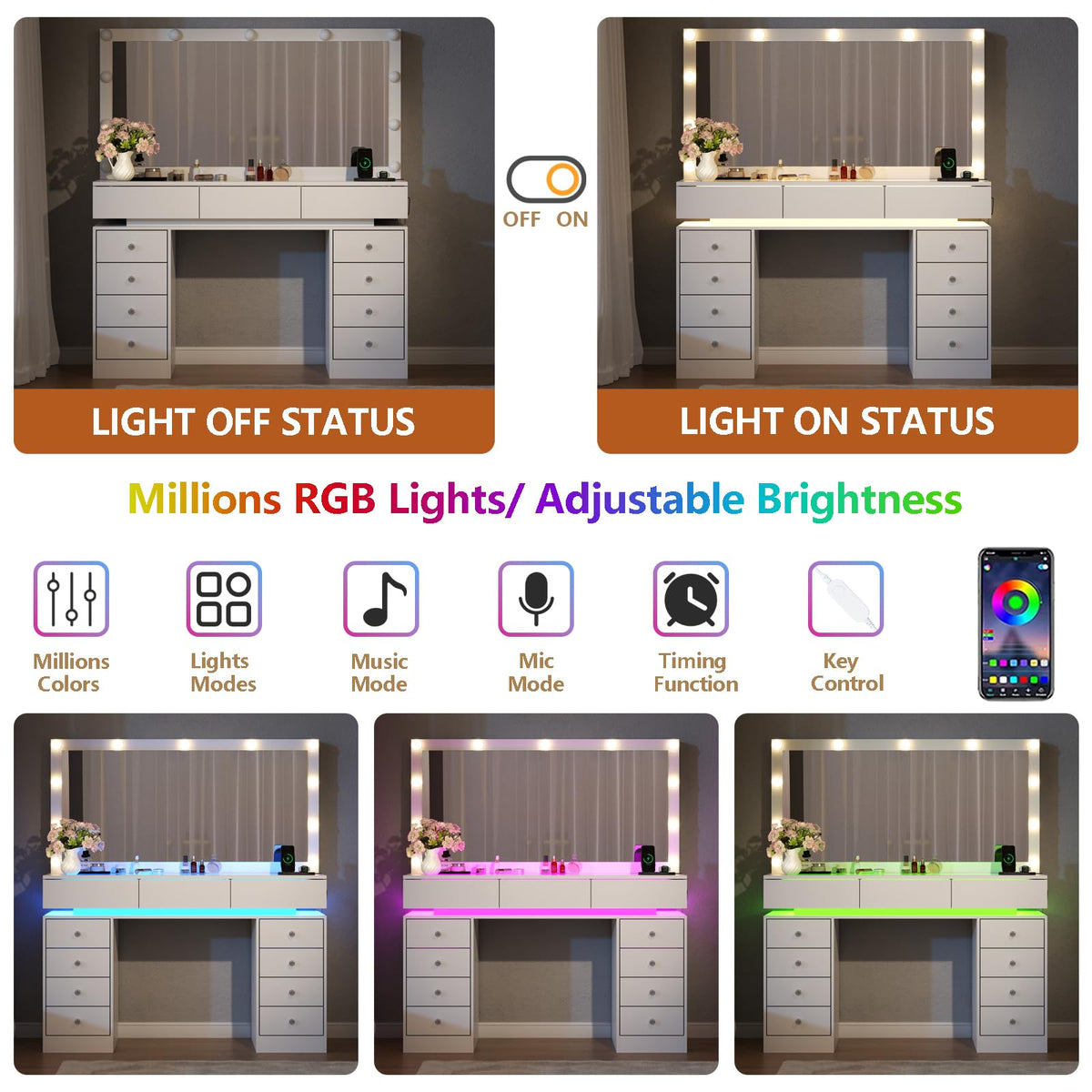 White Vanity Desk with Mirror and Lights U788852