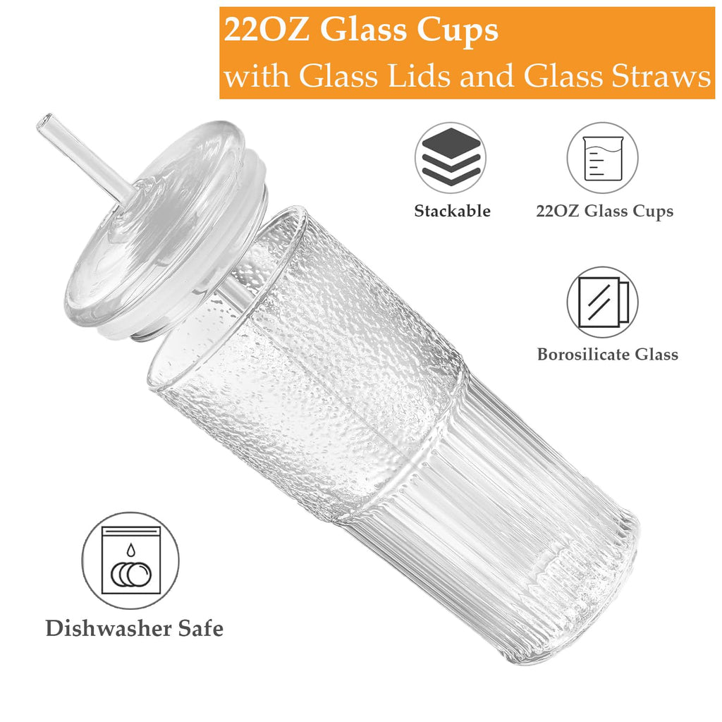 2Pcs 22oz Glass Cups with Lids and Straws B884