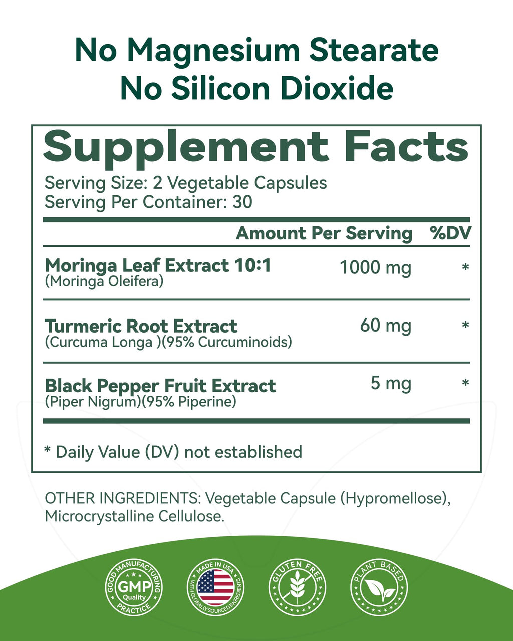 Moringa Capsules 1000mg 10:1 Moringa Leaf Extract 60 Count I32480