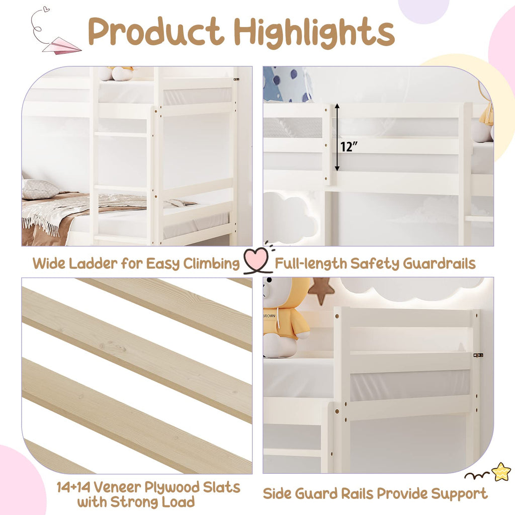 Wood Twin Over Twin Bunk Bed with Ladder & Safety Guardrail T5825