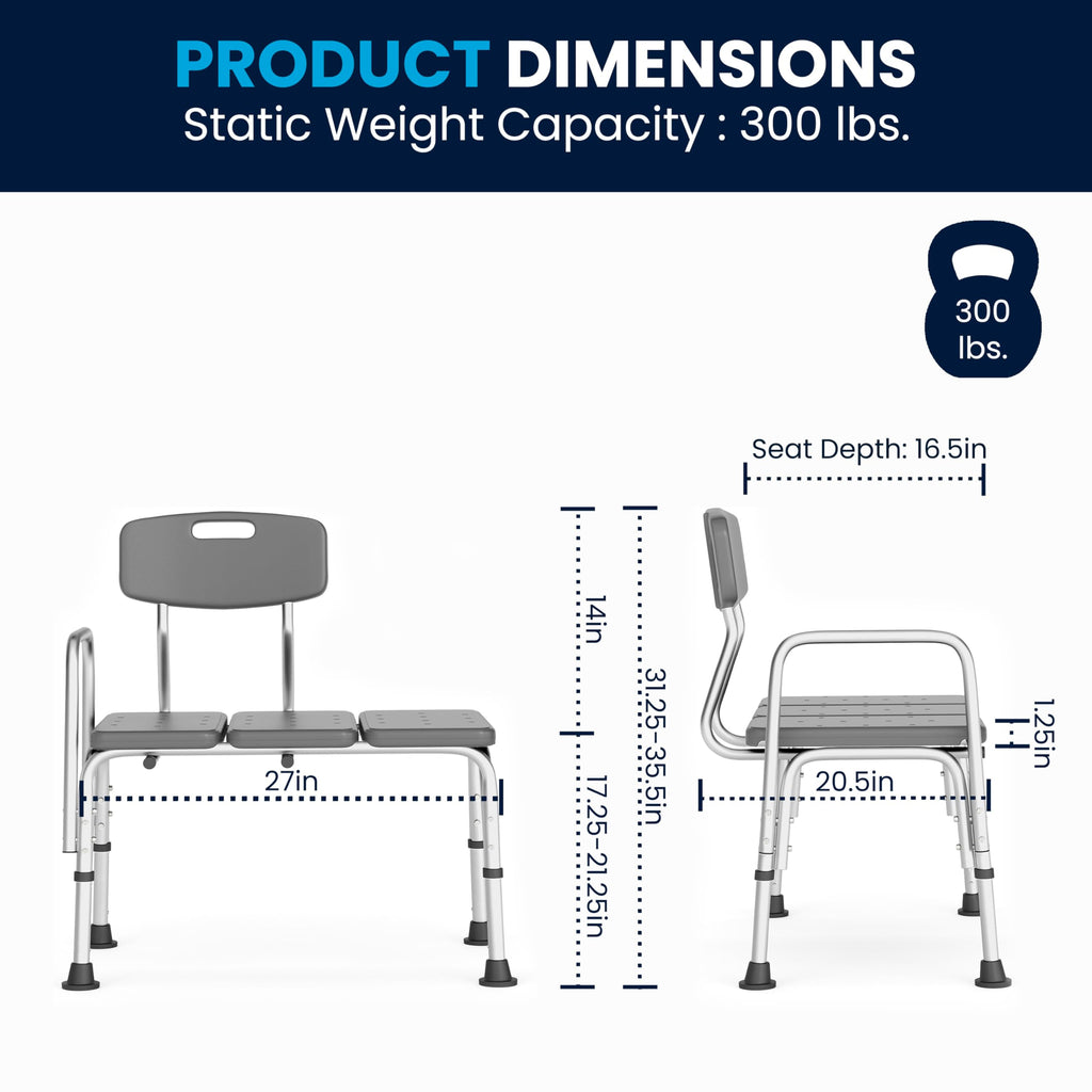 Adjustable Gray Bath & Shower Transfer Bench with Back and Side Arm Q303959
