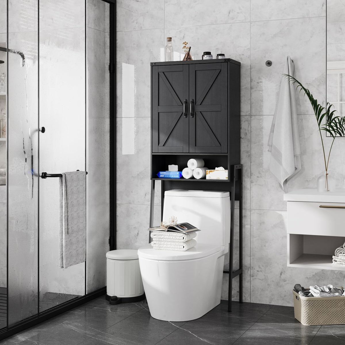 Over The Toilet Storage Cabinet with 2-Door Design Black Y2571