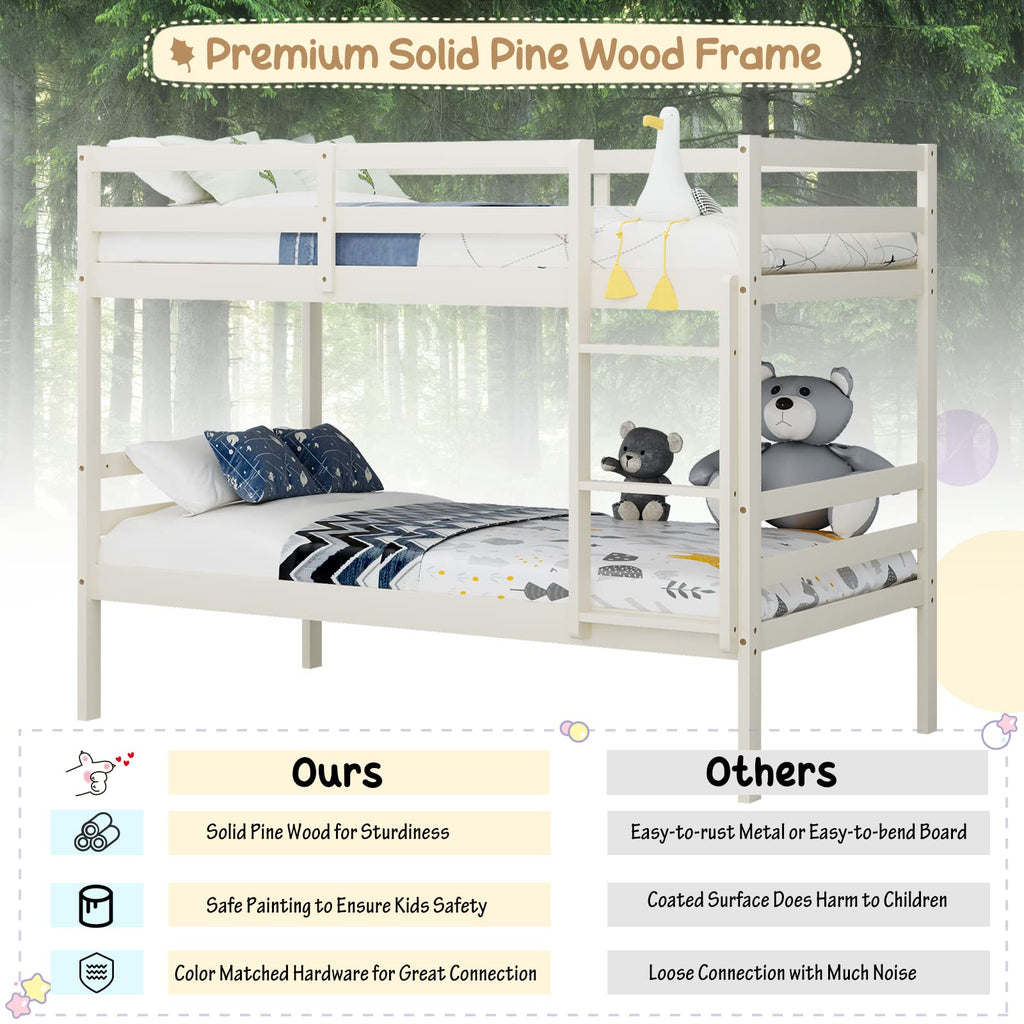 Wood Twin Over Twin Bunk Bed with Ladder & Safety Guardrail T5825
