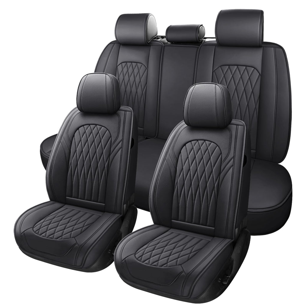 Black Faux Leather Car Seat Cover Full Set X7460
