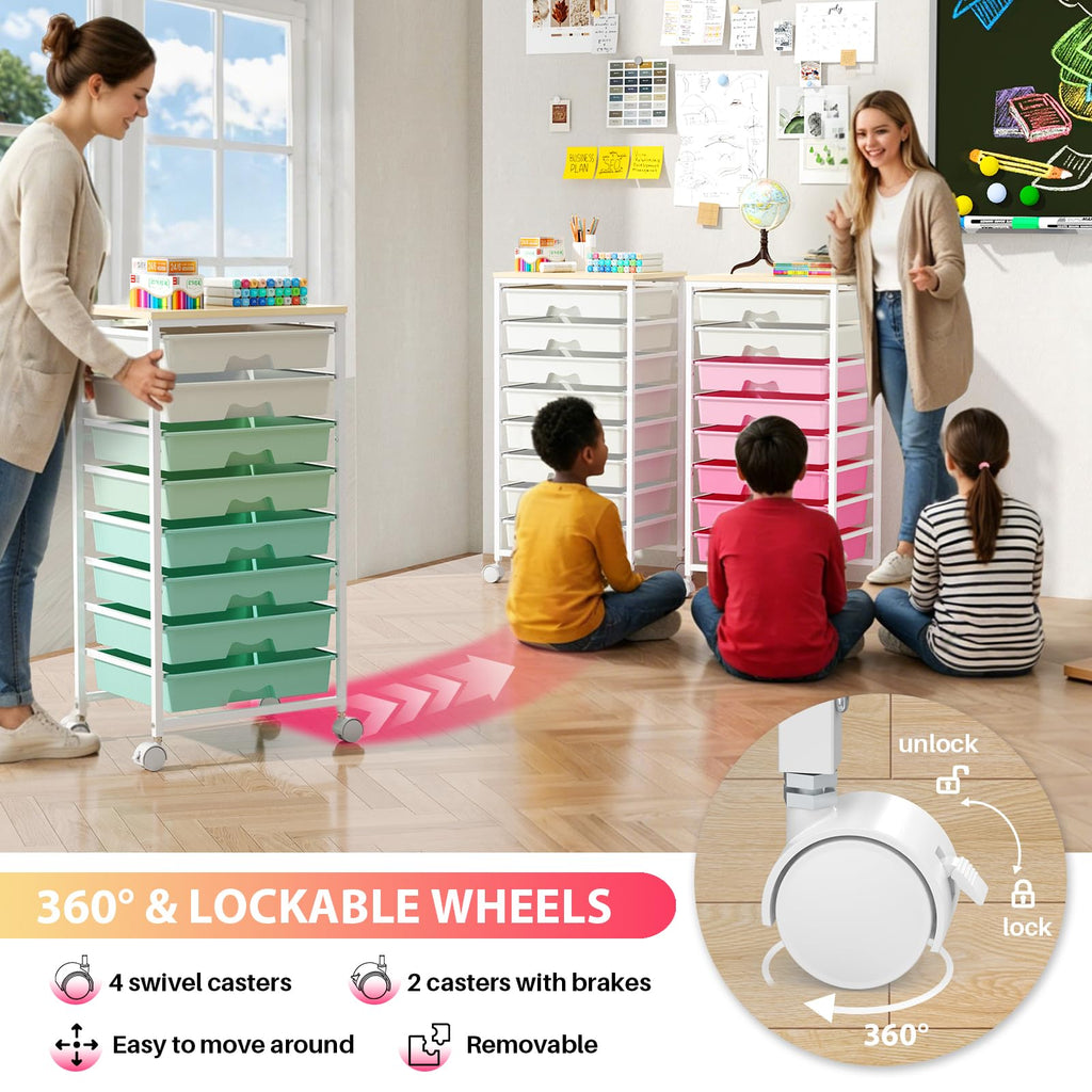 Green Rolling Cart with 8 Drawers Q90726