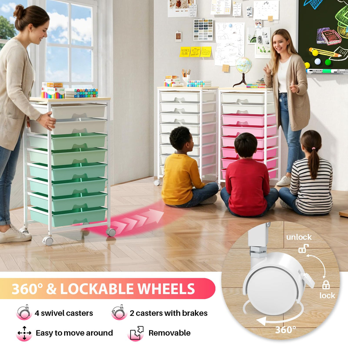 Green Rolling Cart with 8 Drawers Q90726