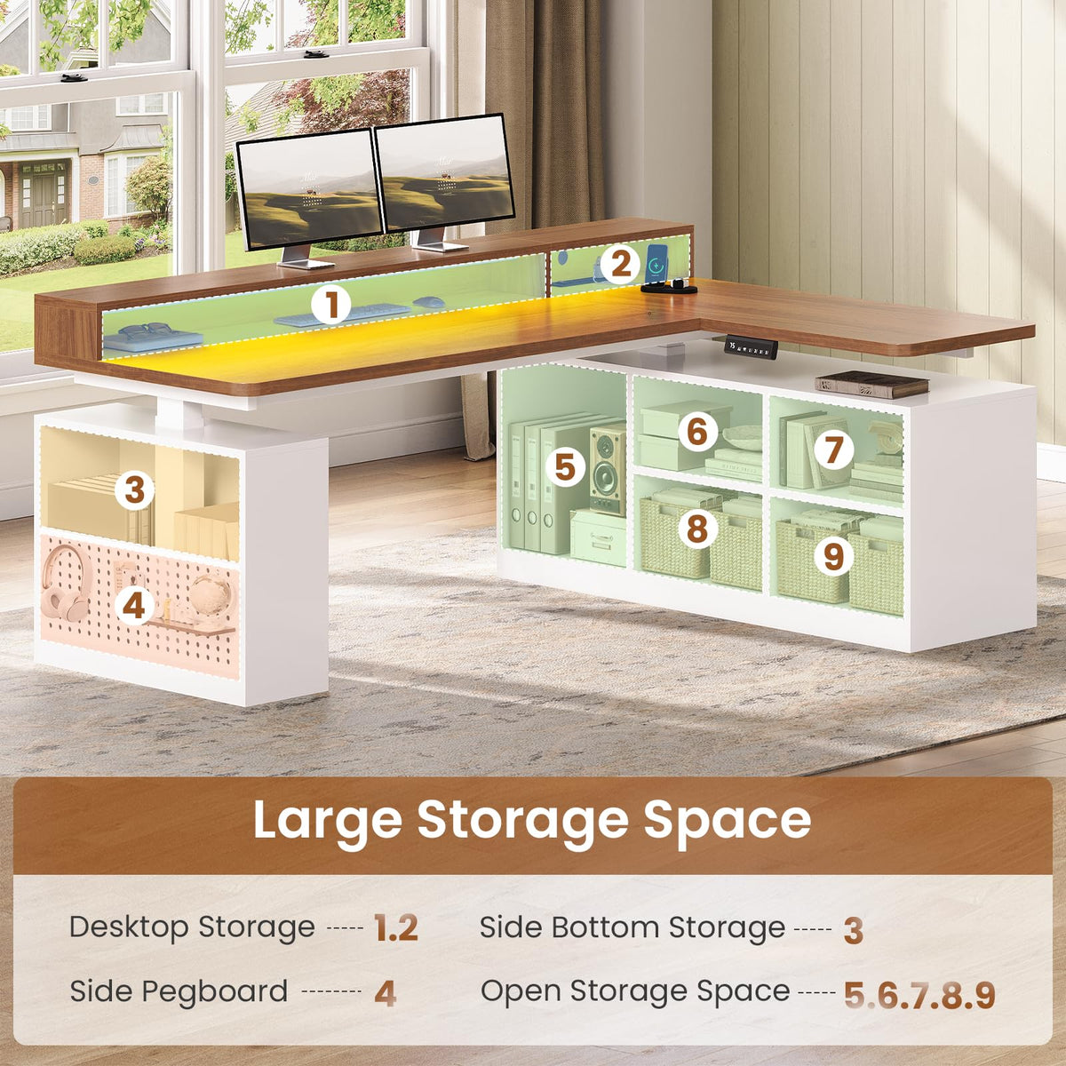 63" L Shaped Electric Standing Desk with Storage U1763