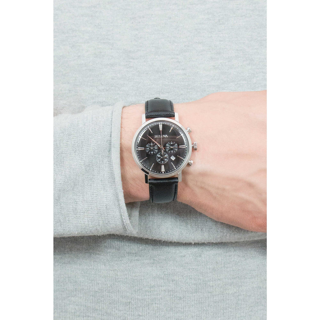 Men's Stainless Steel Chronograph Watch with Black Leather Strap H17278