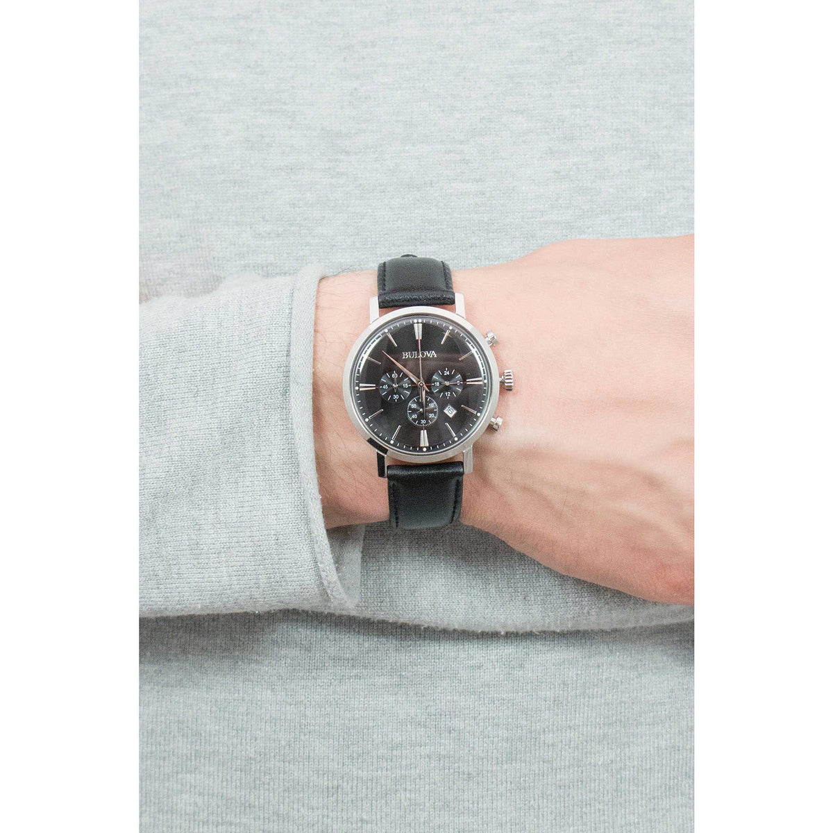Men's Stainless Steel Chronograph Watch with Black Leather Strap H17278