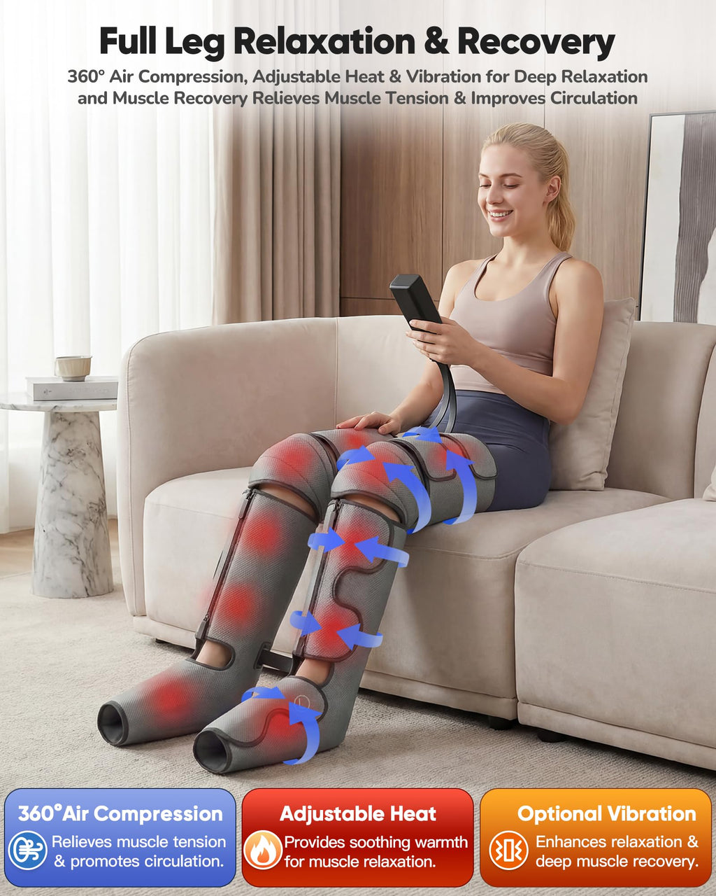 Air Compression Leg Massager with Heat, 9 Intensity, 4 Modes, 3 Heating A324