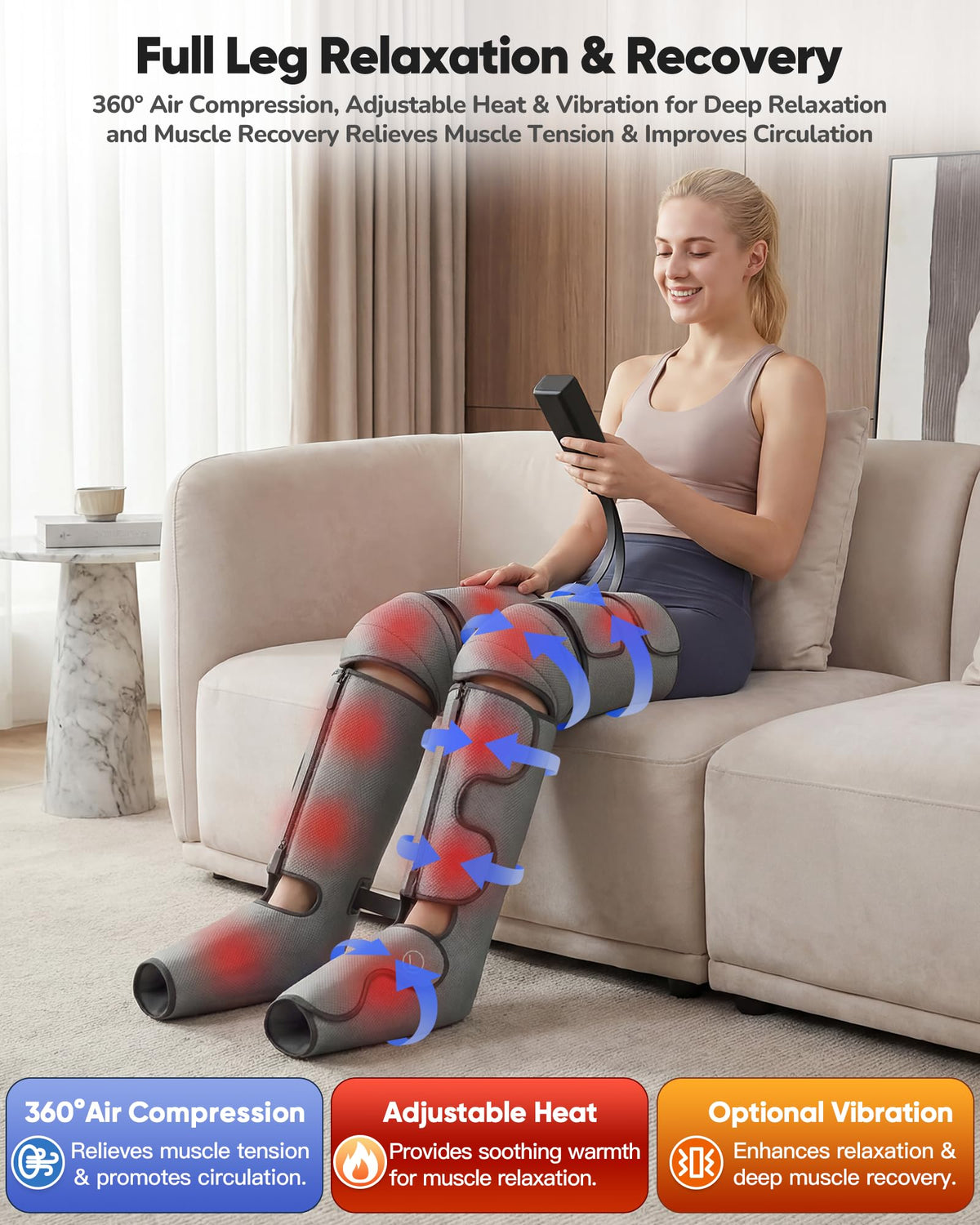Air Compression Leg Massager with Heat, 9 Intensity, 4 Modes, 3 Heating A324