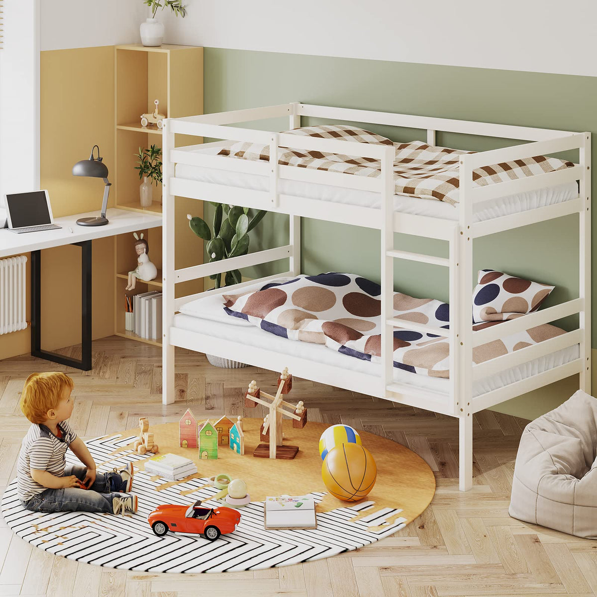 Wood Twin Over Twin Bunk Bed with Ladder & Safety Guardrail T5825