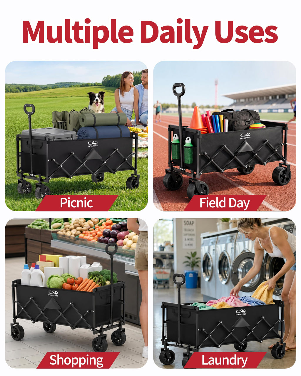 34" Extra Long Foldable Wagon with All-Terrain Wheels, 260 LBS Capacity Black G8198
