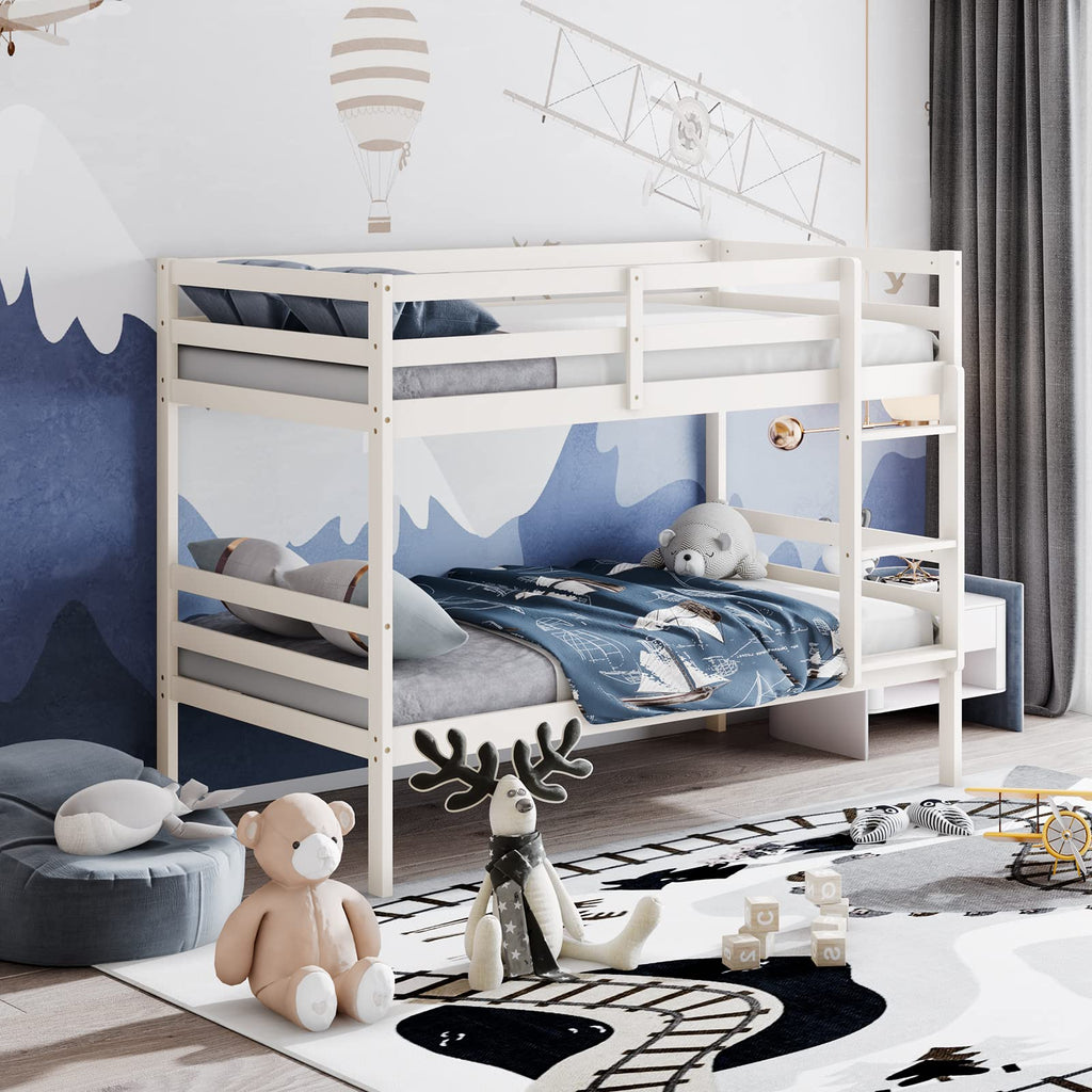 Wood Twin Over Twin Bunk Bed with Ladder & Safety Guardrail T5825