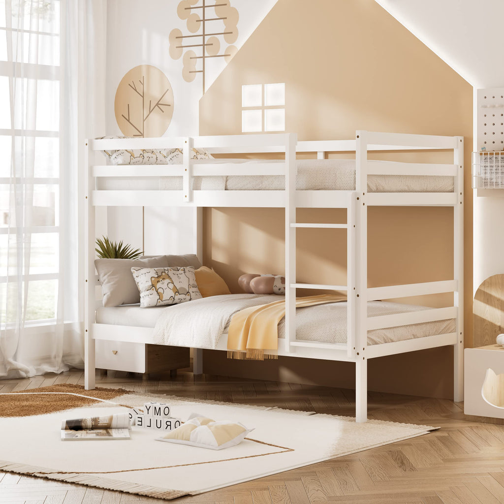 Wood Twin Over Twin Bunk Bed with Ladder & Safety Guardrail T5825