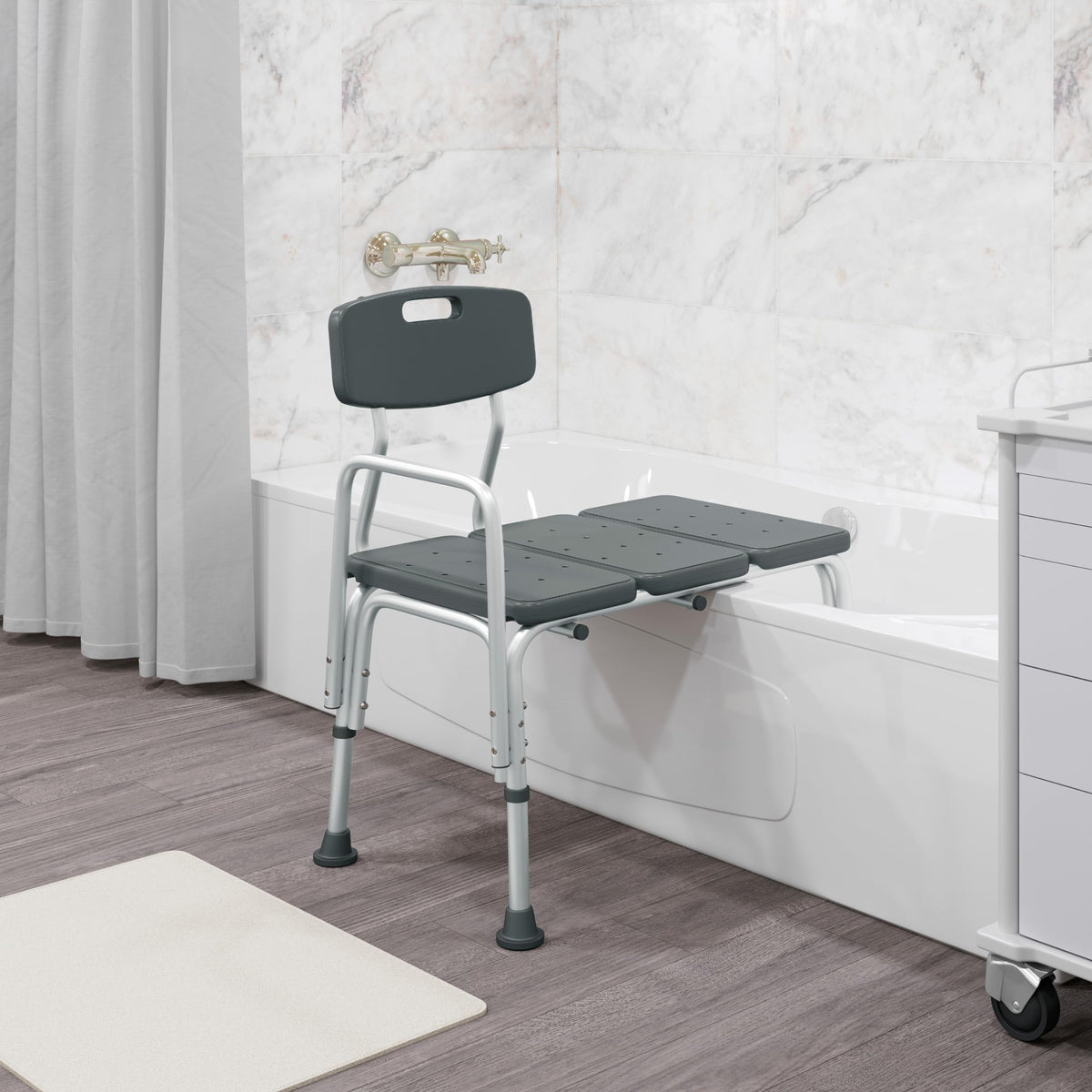 Adjustable Gray Bath & Shower Transfer Bench with Back and Side Arm Q303959
