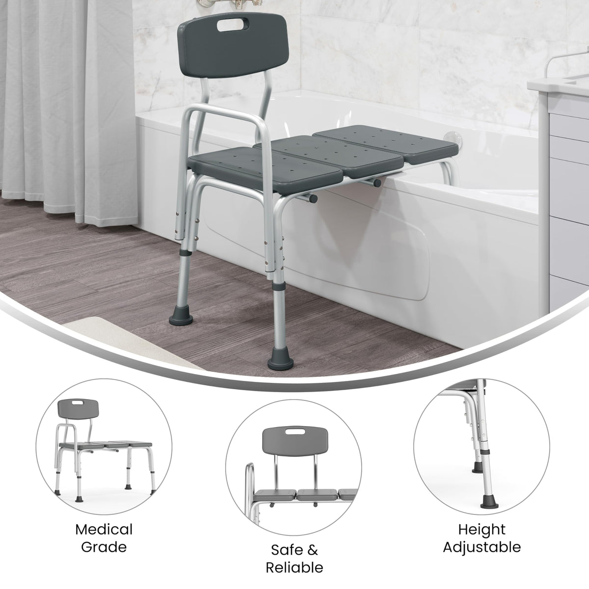 Adjustable Gray Bath & Shower Transfer Bench with Back and Side Arm Q303959