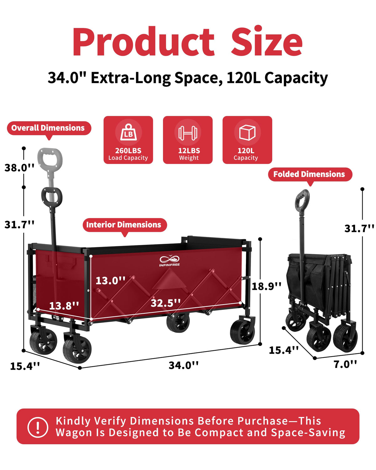 34" Extra Long Foldable Wagon with All-Terrain Wheels, 260 LBS Capacity Black G8198
