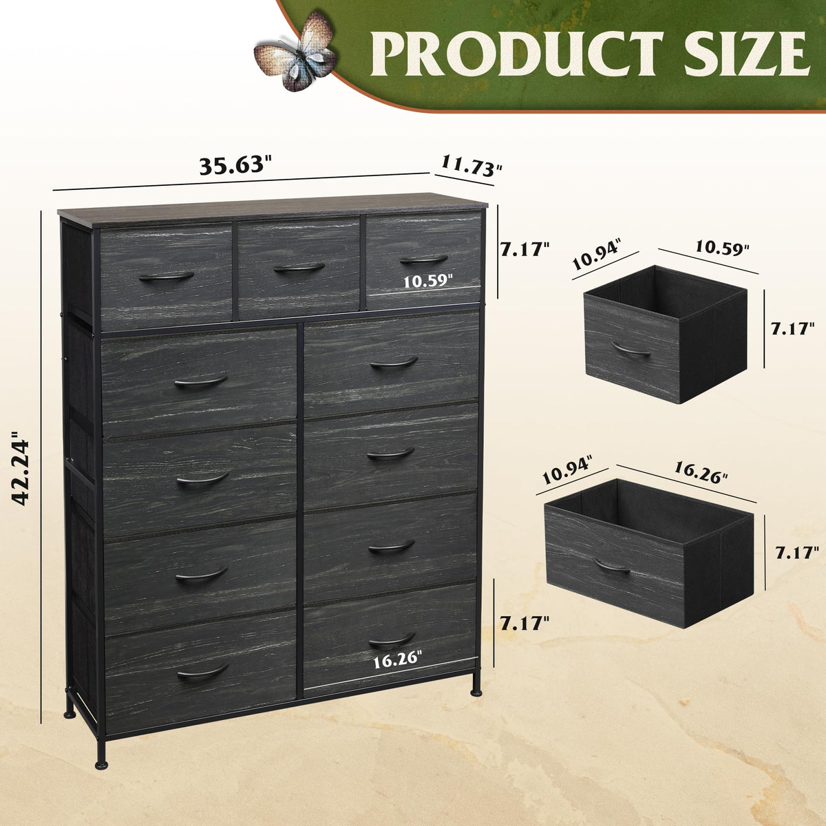 Black 11 Drawer Fabric Dresser O381314