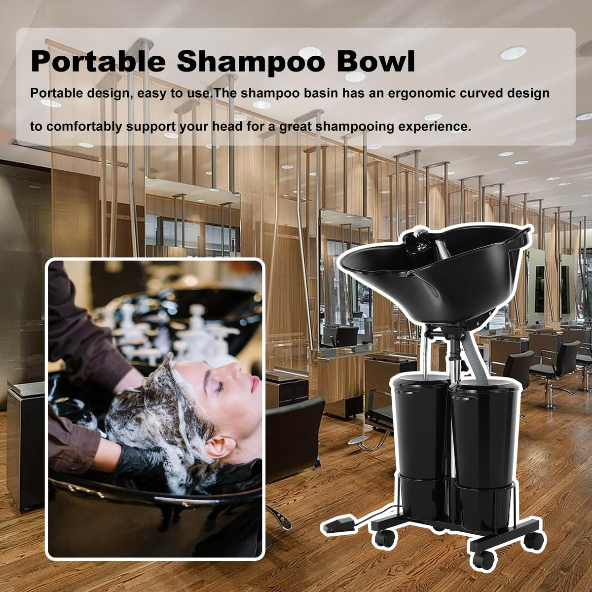 Portable Plastic Shampoo Bowl Unit with 2 Bucket and Drain Hoses Black J3074