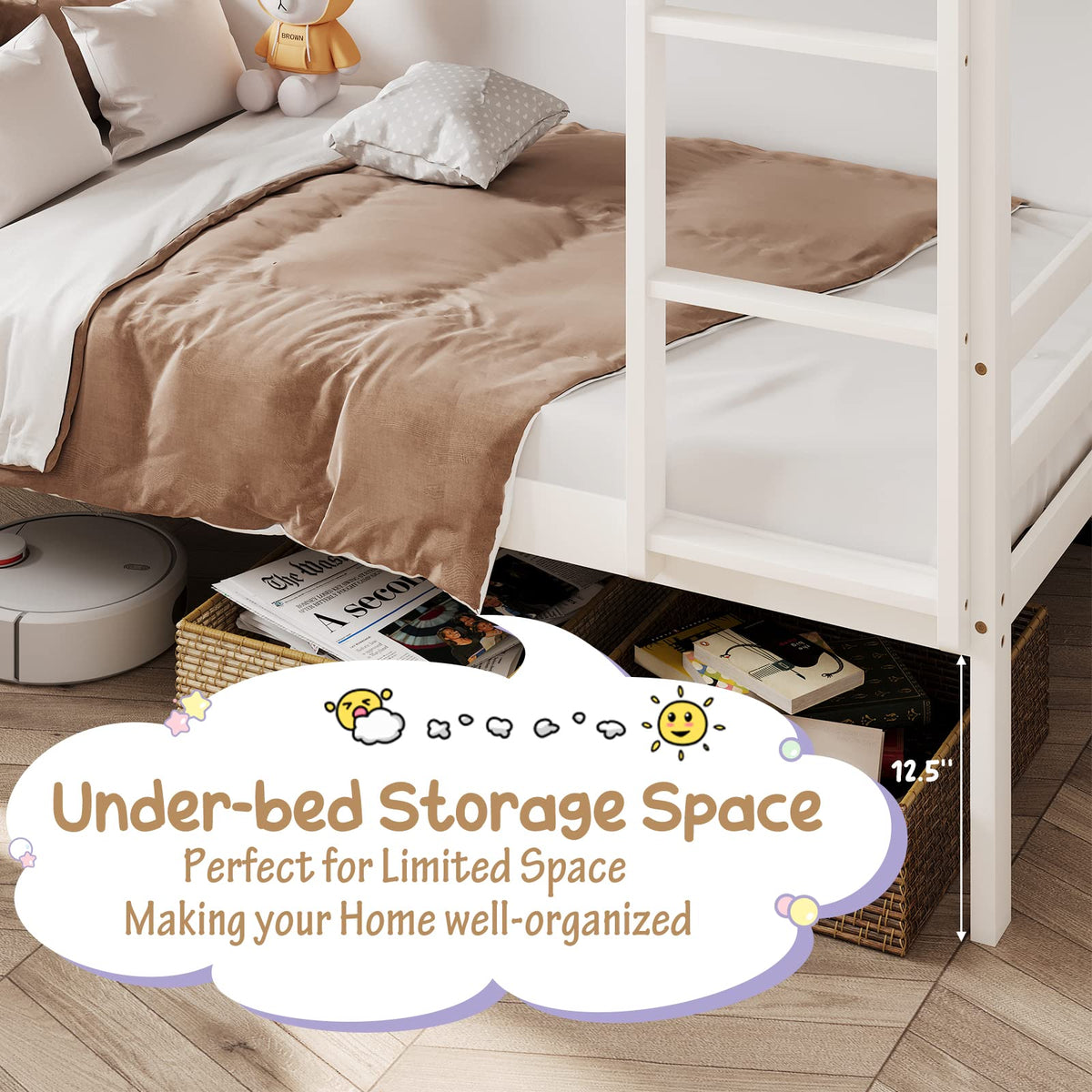 Wood Twin Over Twin Bunk Bed with Ladder & Safety Guardrail T5825