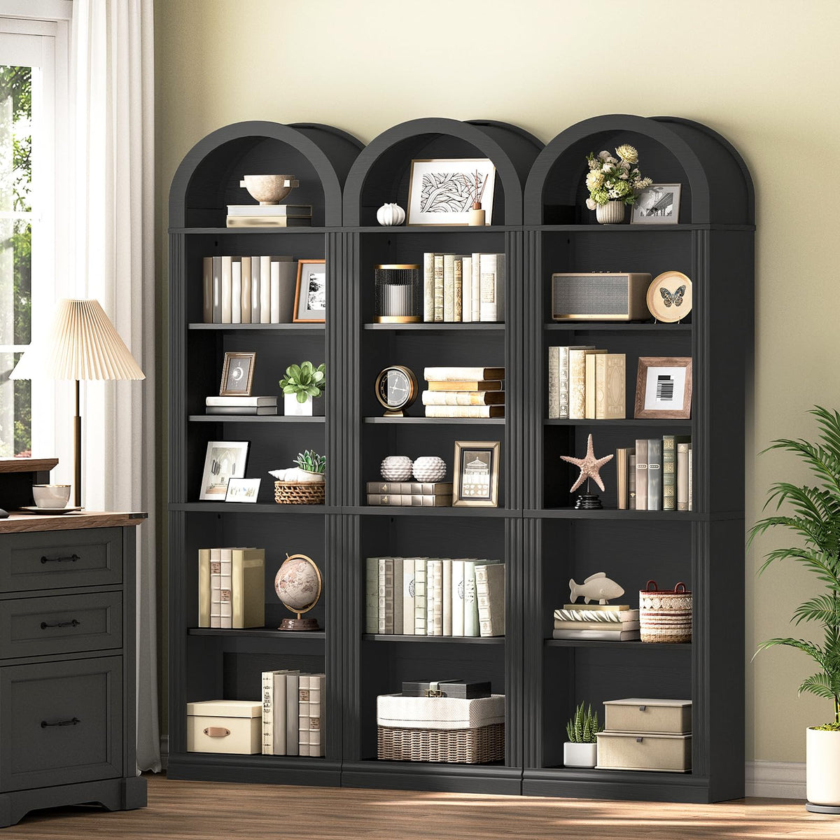 75.8" Tall Narrow 6-Tier Arched Wooden Bookshelf, Black Z426314