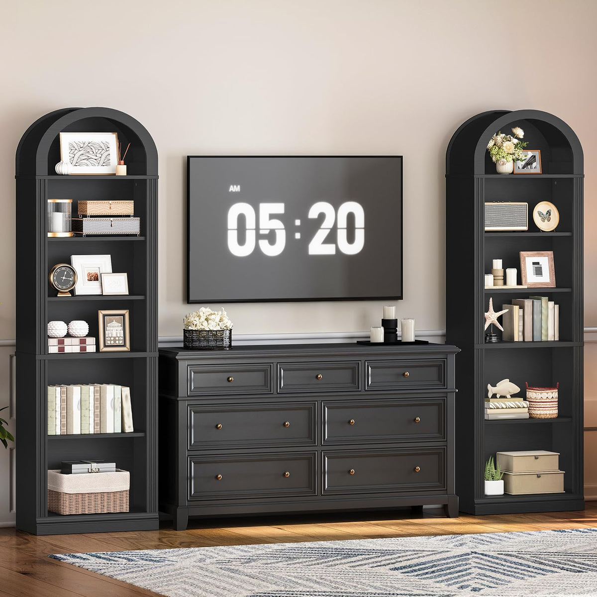 75.8" Tall Narrow 6-Tier Arched Wooden Bookshelf, Black Z426314
