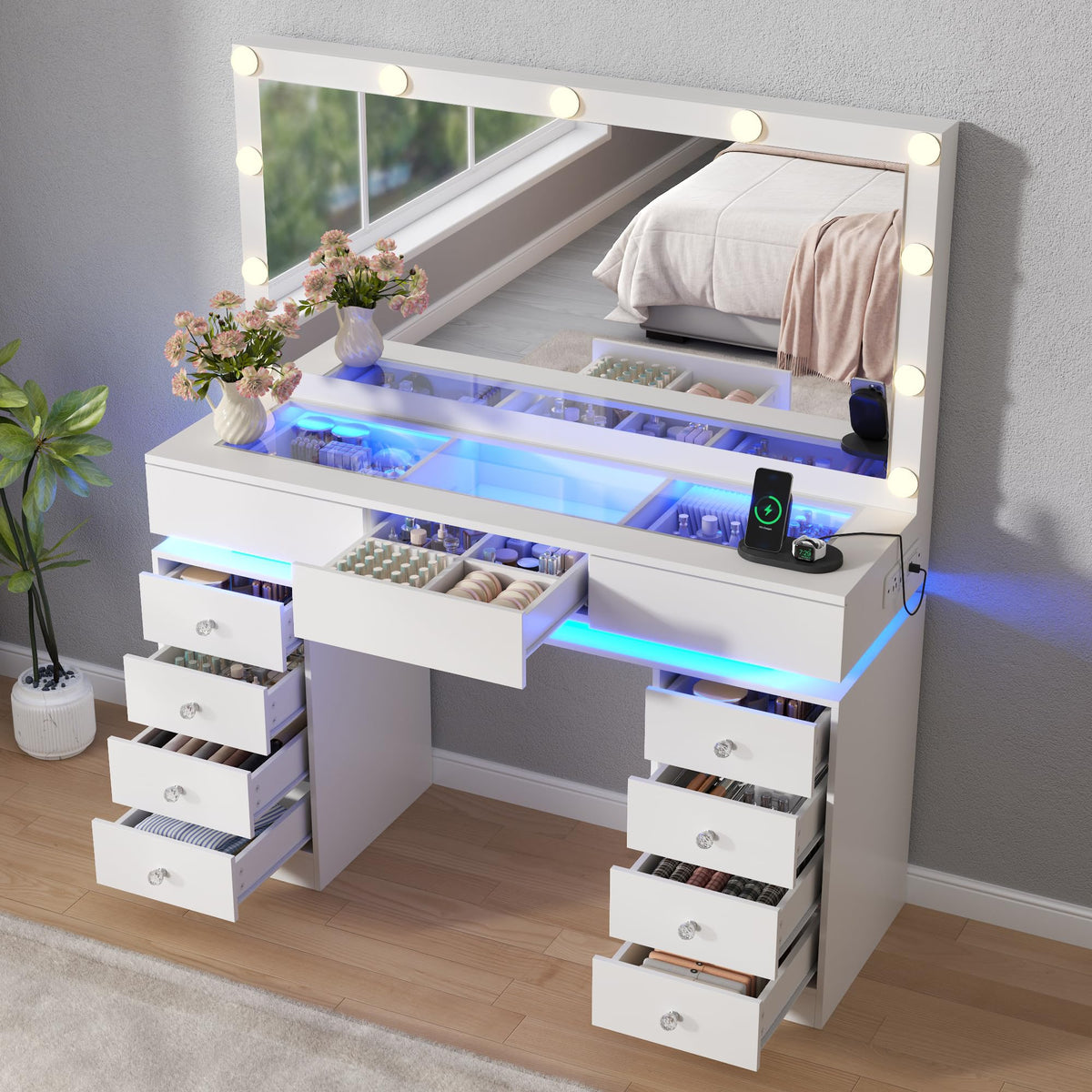 White Vanity Desk with Mirror and Lights U788852
