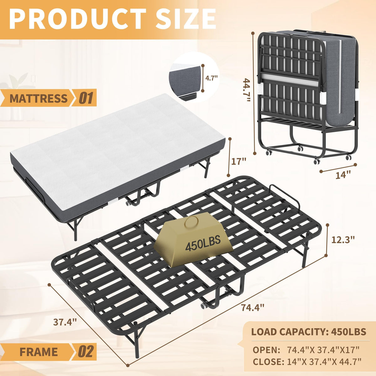Foldable Roll Away Bed with Mattress 75" x 38" P29867