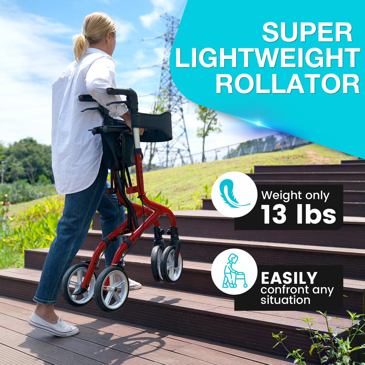 Lightweight Foldable Rollator Walker with Seat and 8" Rubber Wheels H188568