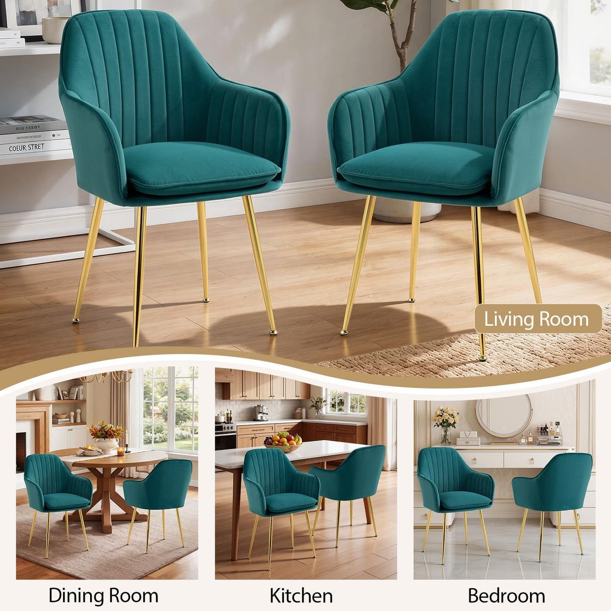 Velvet Accent Arm Chairs Set of 2 with Golden Legs F12032