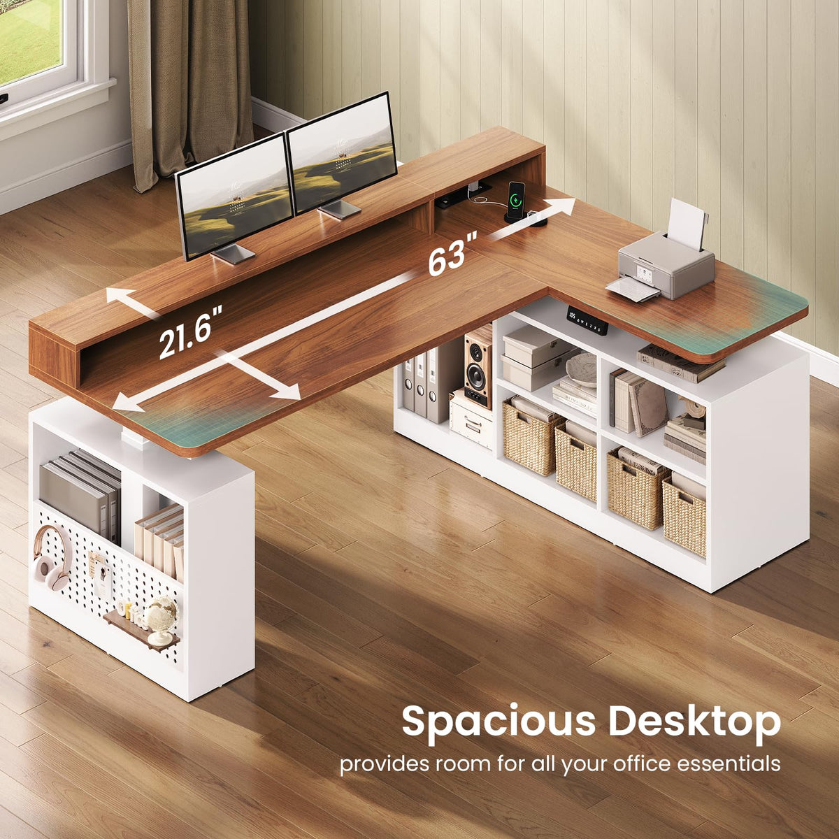 63" L Shaped Electric Standing Desk with Storage U1763