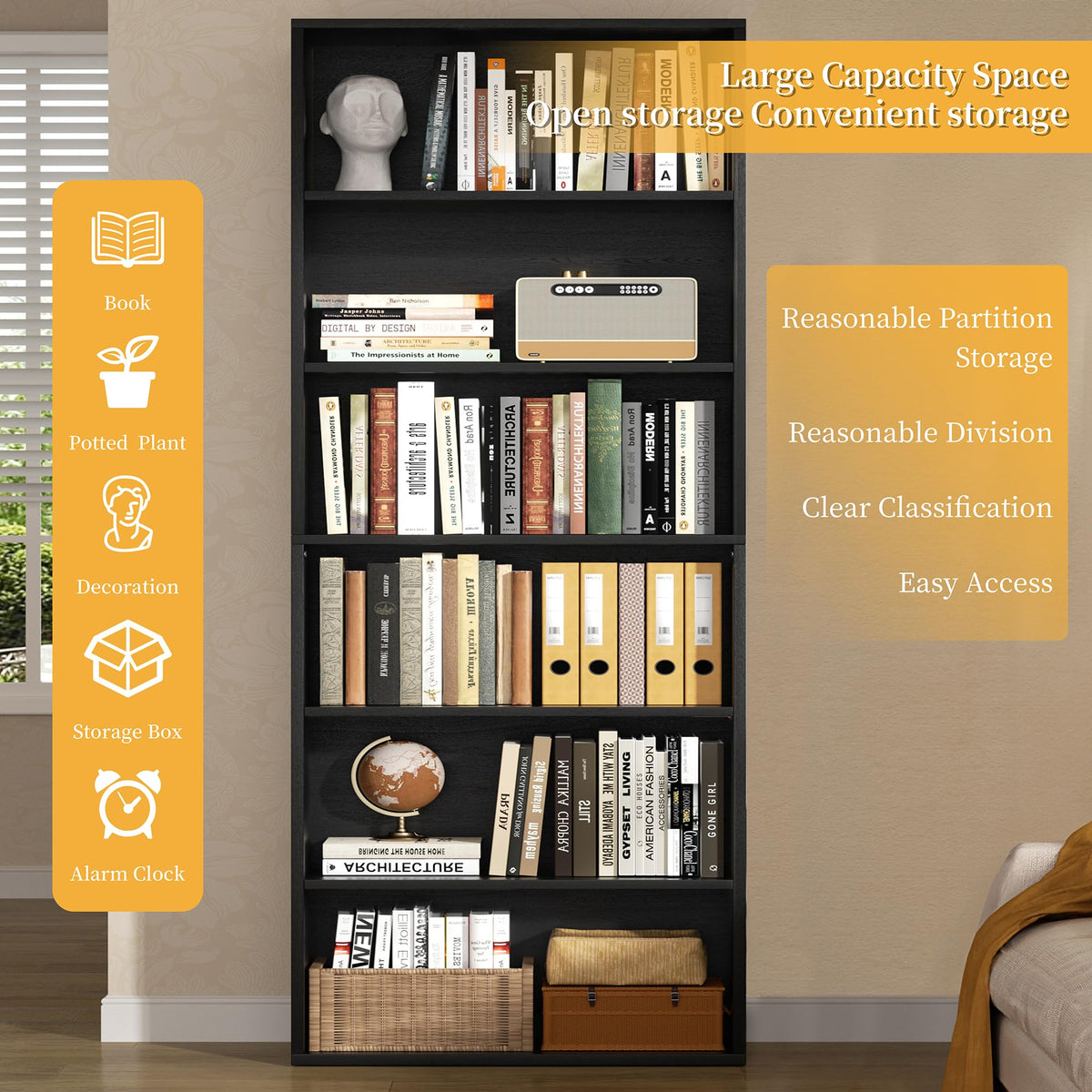 6-Tier Black Bookshelf W422